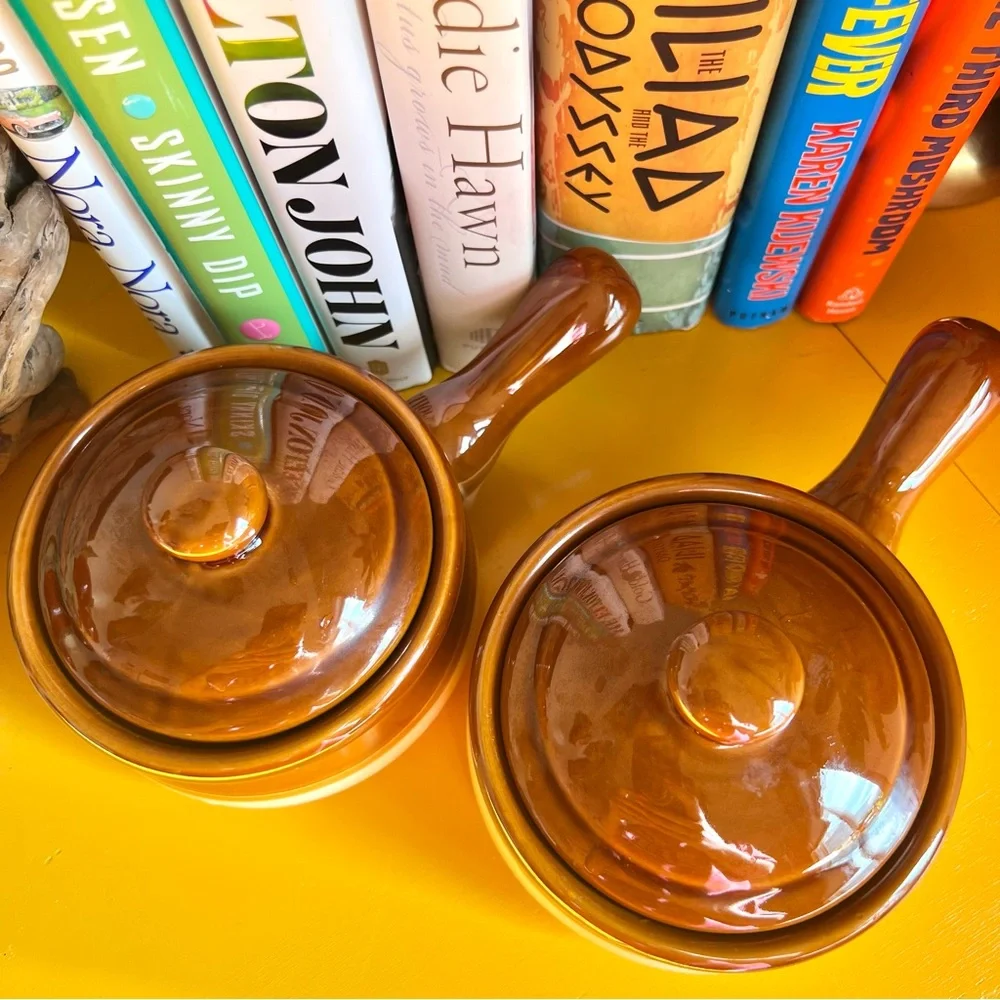Vintage Set of Two Tri Dipped Ombre Brown Glazed Potters Soup Bowls With Lids